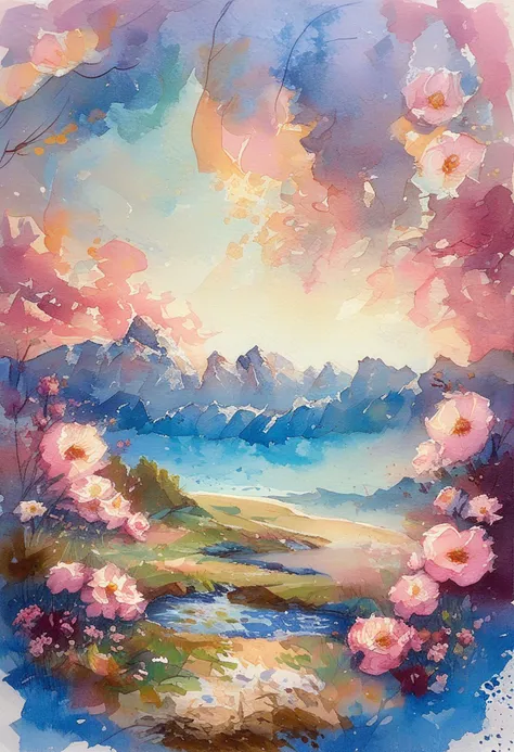 a painting of a painting of a landscape with flowers