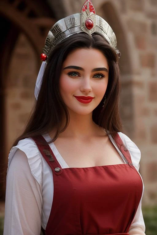 <lora:jenniferconnelly:0.5>, ,jenniferconnelly, , photo of a woman, , ((outdoors, medieval city, medieval dress, apron, headdress)),smiling, (red lipstick, blush), ((best quality, masterpiece, extreme details, high resolution):1.2),((detailed eyes, beautif...