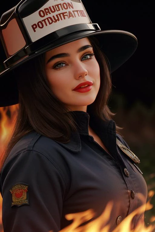 <lora:jenniferconnelly:0.5>, ,jenniferconnelly, , photo of a woman, ((outdoors, fire, at night)),((firefighter uniform, firefighter hat)) smiling, (lipstick, blush, eye shadow), ((best quality, masterpiece, extreme details, high resolution):1.2),((detailed...