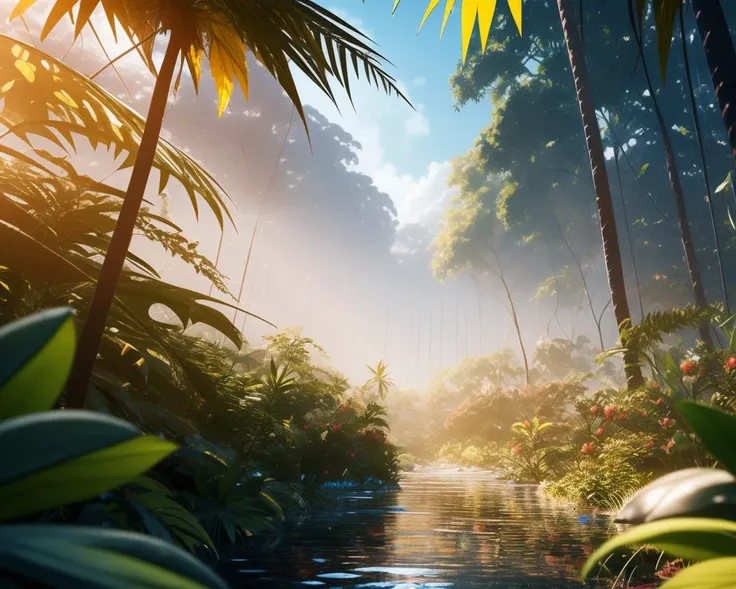 View deep in a lush (dense tropical jungle), with intense rainfall, mist, vines all around, giant and wet trees, tropical flowers, butterflies.
Masterpiece, best quality, high quality, extremely detailed CG unity 8k wallpaper, oil painting, award winning p...