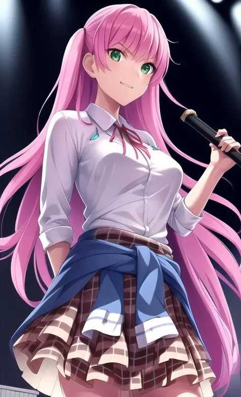 1girl, green eyes, long hair, solo, pink hair, skirt, clothes around waist, weapon, hand on hip, ribbon, smile, shirt, plaid skirt, breasts, holding, pleated skirt, plaid, white shirt, jacket around waist, blurry, sword, school uniform, sparks, floating ha...