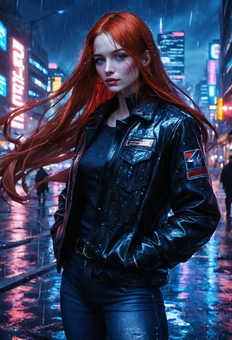 score_9, score_8_up, score_7_up, analog film photo, (very long Copper hair:1.2), hands in pocket, reflection, city lights, night time, raining, wet, jeans, leather jacket, cyberpunk, Martyna Wieczorek, futuristic city, half body Shot, strong wind, movement...