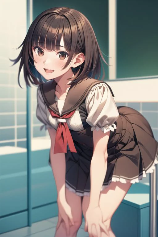 (best quality),(high_quality),4k,8k,RAW photo,(intricate_details),(ultra-detailed),(distinct_image),(a professional photo of female idol),1girl,aanadeko,short hair,brown hair,blunt bangs,brown eyes,school uniform,sailor collar,red neckerchief,short sleeves...