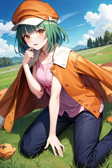 masterpiece, best quality, highres, aanadeko, short hair, green hair, cabbie hat, orange headwear, blunt bangs, brown eyes, jacket on shoulders, orange jacket, pink shirt, ribbon, blue pants, , <lora:sengoku_nadeko_v1:0.8>, wariza, grass, field,