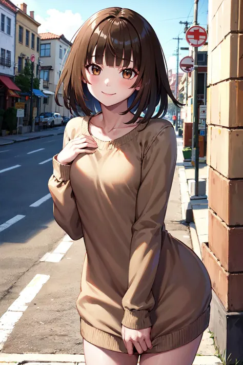 masterpiece, best quality, highres, aanadeko, short hair, brown hair, blunt bangs, brown eyes, <lora:sengoku_nadeko_v1:0.8>, small breasts, sweater dress, standing, cowboy shot, street, smile