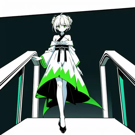 anime girl in a green and white dress walking down a flight of stairs