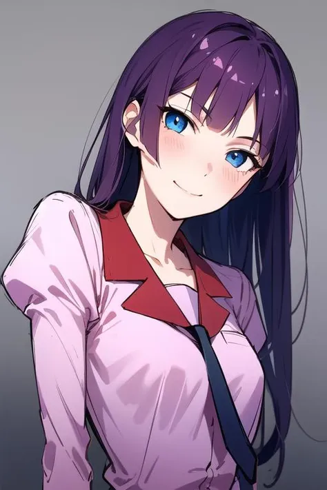 anime girl with long purple hair and blue eyes wearing a pink shirt