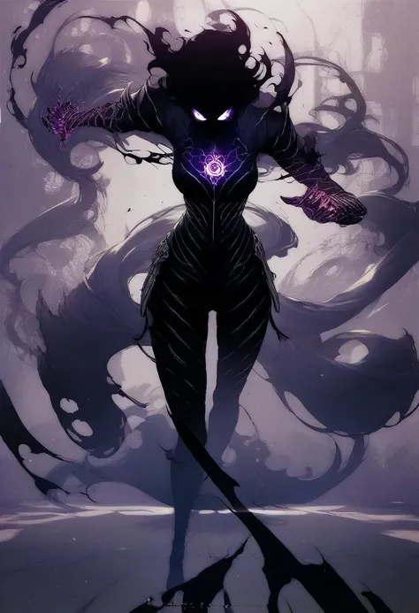 a woman with a purple light on her face and a black outfit