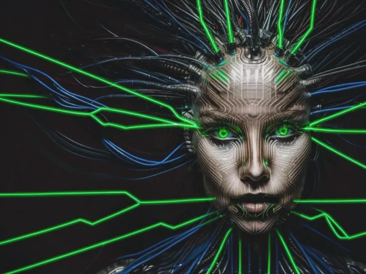 shodanSS_soul3142, girl face, hair as electric wire, wire background, android robot, neon, glowing eyes, ultra-detailed, masterpiece, <lora:shodan:0.7> <lora:more_details:0.8>