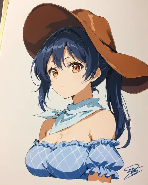 kurokoma saki,1girl, solo, shikishi, cowboy_hat, dated, brown_headwear, looking_at_viewer, traditional_media, feathers, ponytail, bare_shoulders, signature, parted_lips, blue_shirt, bandana, breasts, off-shoulder_shirt, upper_body
<lora:kurokoma_saki_image...