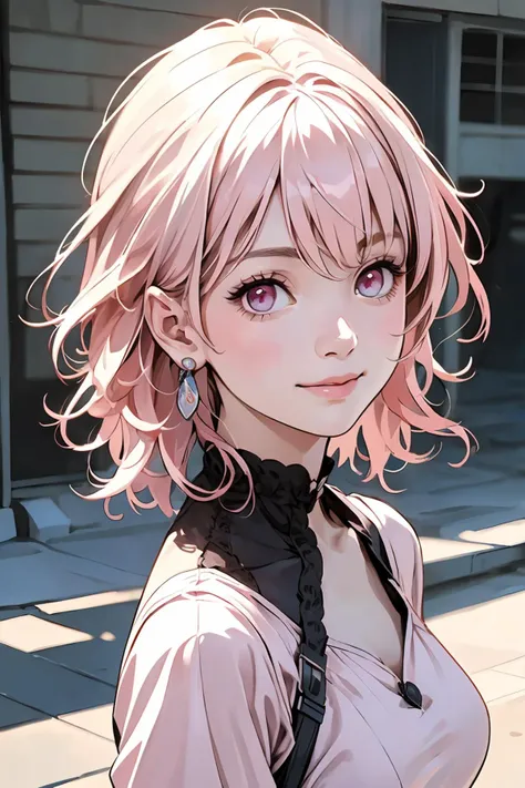 anime girl with pink hair and blue eyes standing on a sidewalk