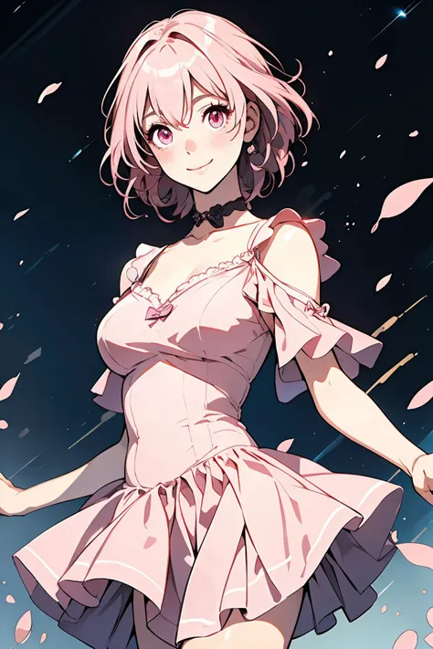 anime girl in pink dress with petals flying around her