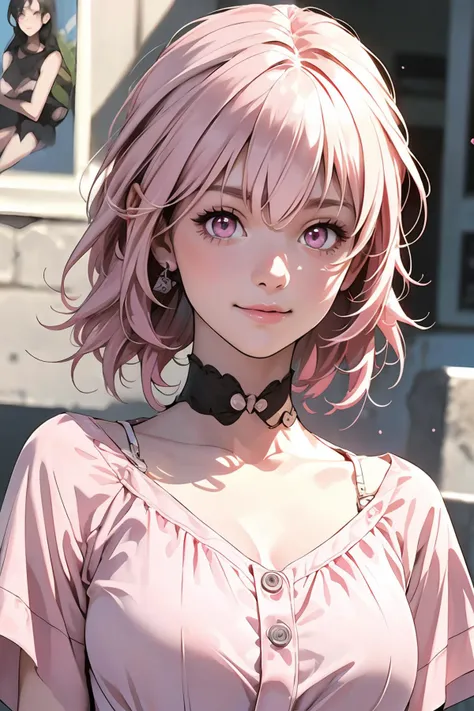 anime girl with pink hair and a choker in front of a building