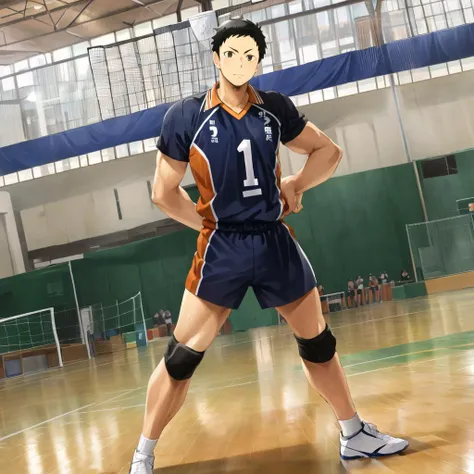 anime character in uniform posing for a picture in a gymnasium