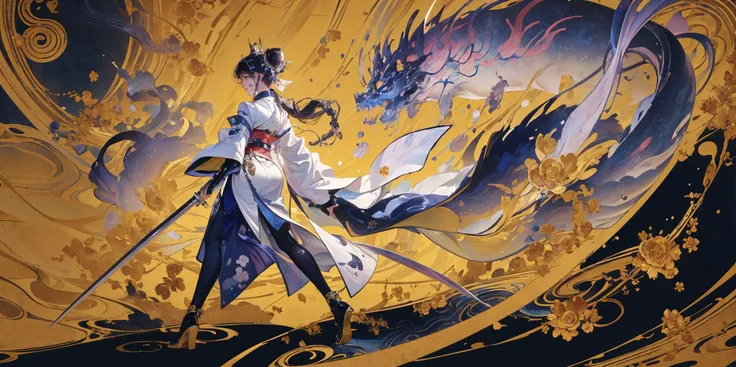 anime - style painting of a woman with a sword and a dragon