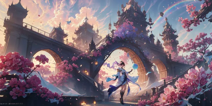 anime girl in a pink dress standing in front of a bridge