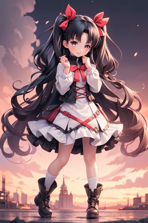 a girl with long hair and a bow is standing in front of a city