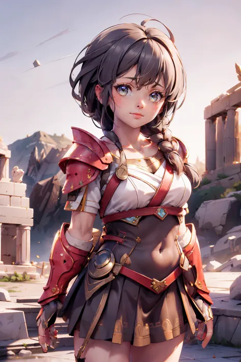 AssaKassandra, solo, 1girl, braid, spartan armor, closed mouth, (single braid:1.5), outdoors, hair over shoulder, looking at viewer, day, collarbone, freckles, (Ancient Greece:1.2), <lora:AssaKassandra:0.8>