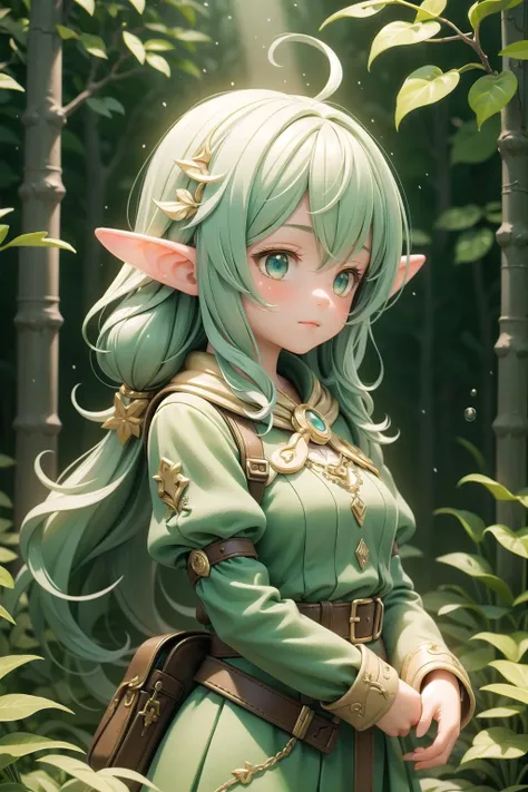 a woman with long green hair and green eyes standing in a forest