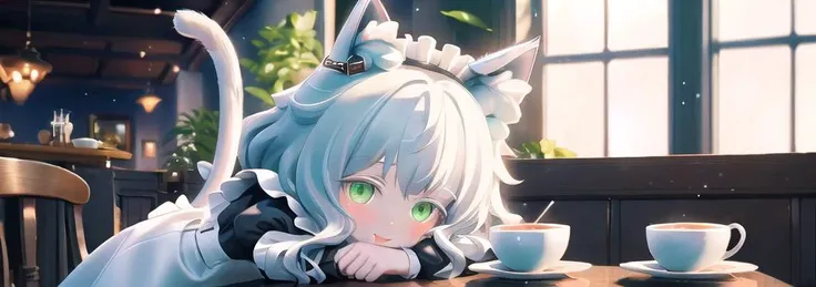 <lora:rosmontis:1>,rosmontisarknight,maid dress,happy,masterpiece,depth of field,green eyes,cat ear,white hair,cafe,sharp focus,looking at viewer