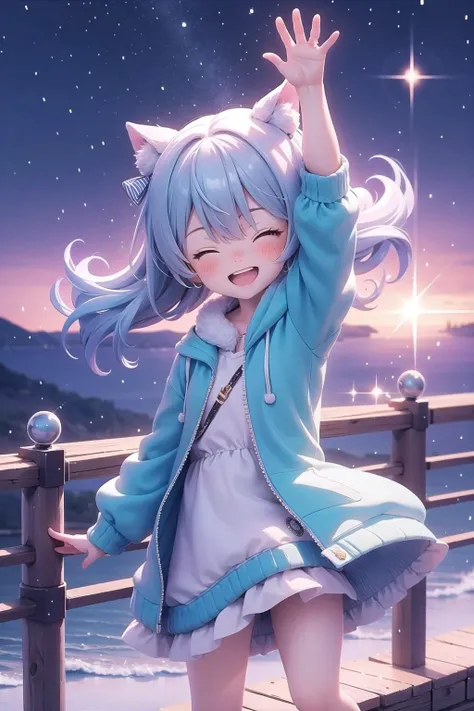 (masterpiece), scenery, 1girl, one eye closed, open mouth, smile, arm up, looking at viewer, sparkle