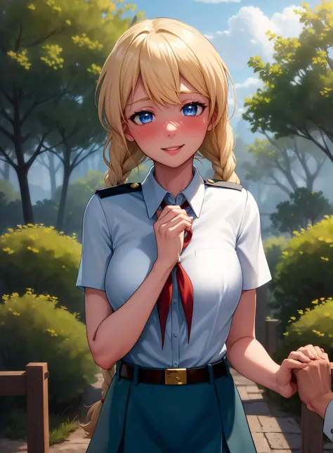 (Masterpiece, Best Quality, Highres :1.2), volumetric lighting, fine detail, perfect face, 1Girl,sl, twin braids,blonde hair, blue eyes, (school uniform), belt, outside, forest, bushes, pov, from above, clouds, sun, happy, tree, smiling, parterd lips, happ...