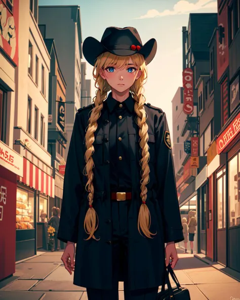 masterpiece, 1girl, female, best quality, blue eyes, twin braids, blonde hair, long hair, hair over shoulder, long black coat, black buttoned shirt, black fedora hat, cowboy shot, outdoors, city, night, lantern, <lora:SlavyaLoraV5:1>