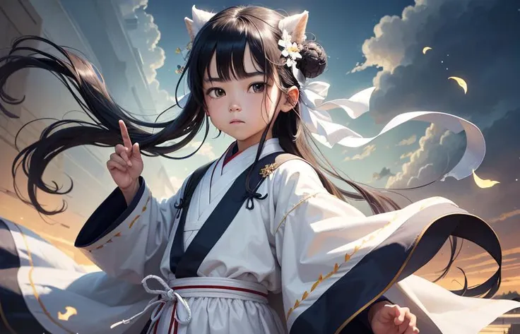 Clear picture,beautiful detailed sky,masterpiece,best quality ,extremely detailed 8k wallpaper,1 male child taoist wearing pure white robe,he is holding a paper fan<lora:taoist_20230623200708:0.36>,looking at viewer,elegant face,detailed face,ready to figh...