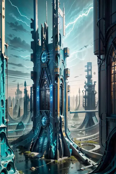 ((masterpiece,best quality)), <lora:Eldar_World:0.8>, Eldar_World, scifi, building, structure, still life, no humans,  (city, buildings with windows :1.2),  blue glow, blue theme, swirling energy,