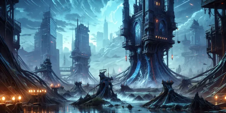 ((masterpiece,best quality)),, Eldar_World, scifi, building, structure, still life, no humans, skyscraper, made of bone, big modern city, blue glow, blue theme, swirling energy, large scale:1.5, panorama:1.5
<lora:Eldar_World:0.8>