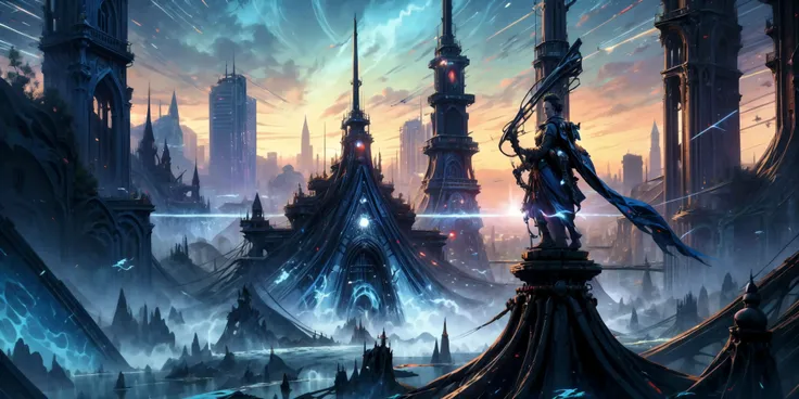 ((masterpiece,best quality)),, Eldar_World, scifi, building, structure, still life, no humans, skyscraper, made of bone, big modern city, blue glow, blue theme, swirling energy, statue, large scale:1.5, panorama:1.5
<lora:Eldar_World:0.8>