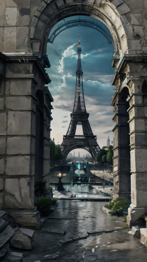 arafed view of the eiffel tower through an arch in a city