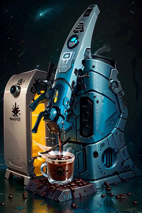 ((masterpiece,best quality)), <lora:Eldar_World:0.8>, Eldar_World, scifi,(coffee machine:1.2), coffee mug,  blue glow, blue theme, swirling energy,