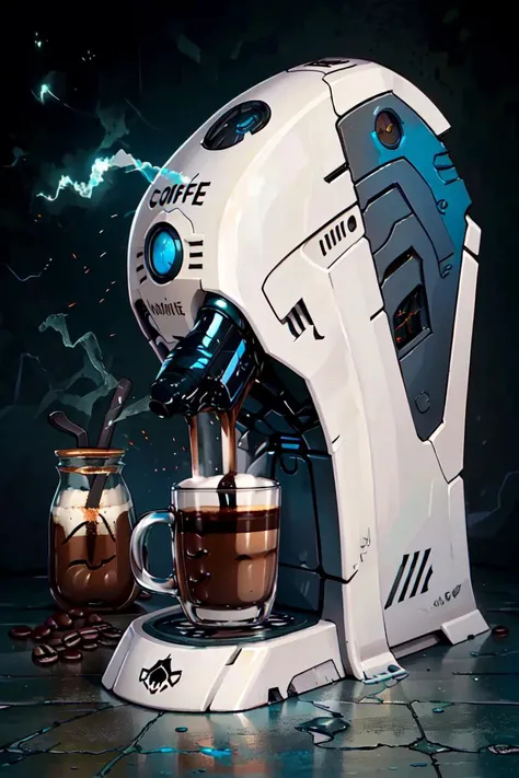 ((masterpiece,best quality)), <lora:Eldar_World:0.8>, Eldar_World, scifi,(coffee machine:1.2), coffee mug,  blue glow, blue theme, swirling energy,