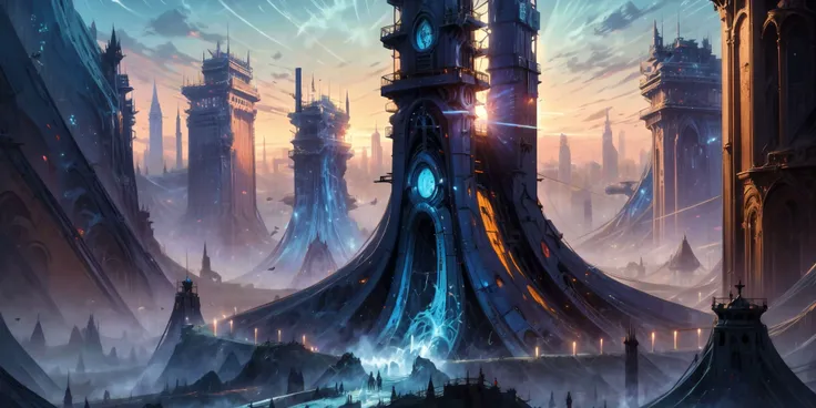 ((masterpiece,best quality)),, Eldar_World, scifi, building, structure, still life, no humans, skyscraper, made of bone, big modern city, blue glow, blue theme, swirling energy, statue, large scale:1.5, panorama:1.5
<lora:Eldar_World:0.8>