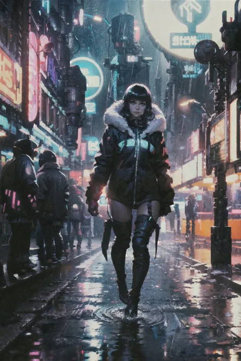 grainy, detailed,dynamic lighting, dark, rain, reflection on water, futuristic city <lora:Blade Runner 1982:1>, girl walking, cyberpunk clothing, lights on cloths, dark, neon lights,  bioluminescent details, Shimmering light