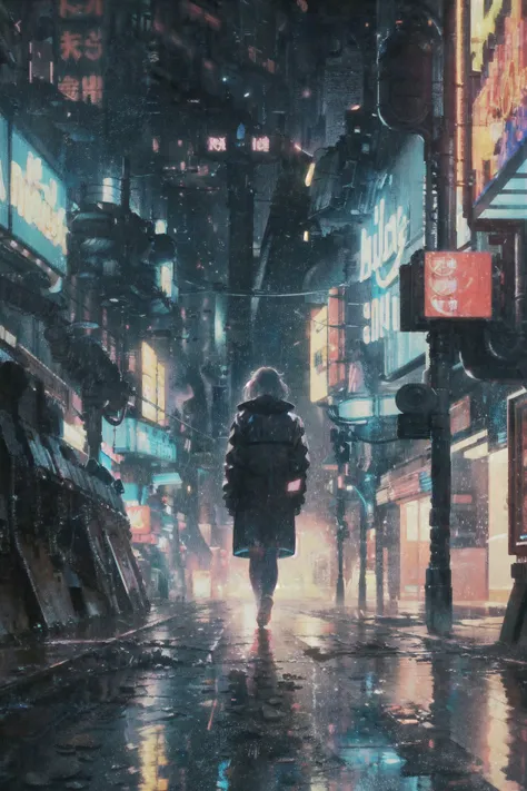 grainy, detailed,dynamic lighting, dark, rain, reflection on water, futuristic city <lora:Blade Runner 1982:1>, girl walking, cyberpunk clothing, lights on cloths, dark, neon lights,  bioluminescent details, Shimmering light