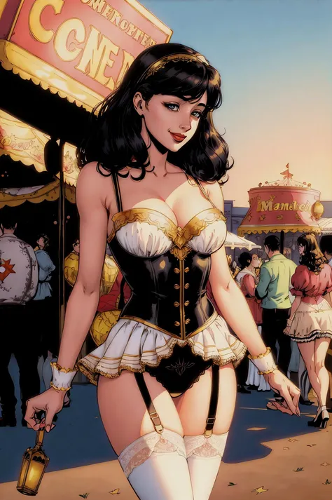 (beautiful illustration), (comic illustration:1.5) ,(flat shaded:1.5), ((2D)), ((masterpiece)), (best quality), 8k, ultra-detailed, absurdress, 1girl, teasing, white frilly top, cleavage, black skirt with gold trim, (skirt lift), panties:0.2, cameltoe:0.05...