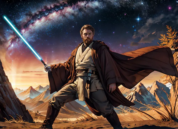 official art, unity 8k wallpaper, ultra detailed, beautiful and aesthetic, masterpiece, best quality, (fractal art:1.2), science fiction, (night:1.2), (1boy:1.3), obi wan,in jedioutfit, fighting stance,holding a lightsaber,energy_sword  expressionless, sho...