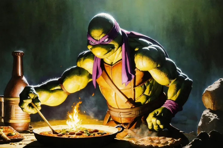 realistic, a beautiful (comic book illustration:1.1) of TMNTDonatello from (DC Comics:1.1), cooking a pizza at a campfire, relaxing, (waterpaint, painterly:1.2), drawn by (artist Jim Lee:1.1), Artgerm, (Albert Lynch:1.2), (dark natural lighting:1.1), an ex...