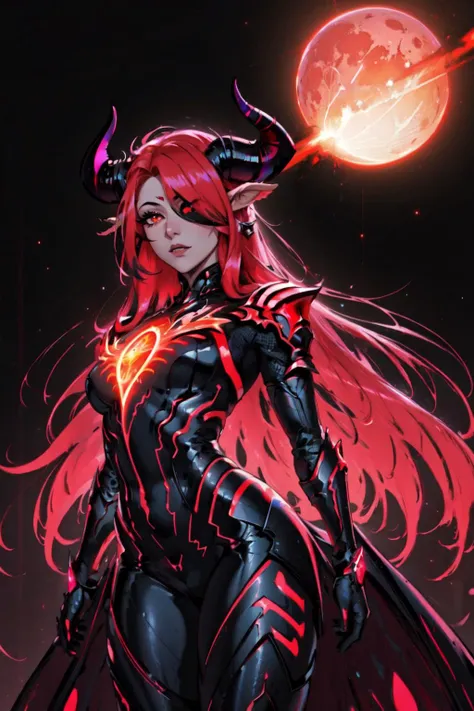 highly detailed, sharp focus, illustration,  high sharpness, ultra realistic, masterpiece, standing, fantasy, queen, goddess, divine, cursed, dark fantasy, red neon demon eyes, (beautiful draenei horns), hair over one eye,  night, red neon moon, gorgeous q...