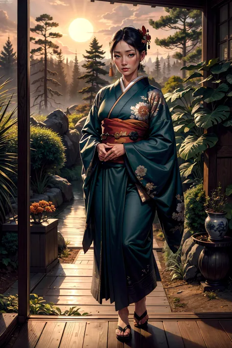 (Line Art:1.2), (dark shot:1.4), full body, 80mm, epic realistic, (painting of a geisha) with european features (walking through a japanese pine forest), by range murata, a big ((red sun in the background)), (beautiful cloudy sky), stunning, matted, paul g...