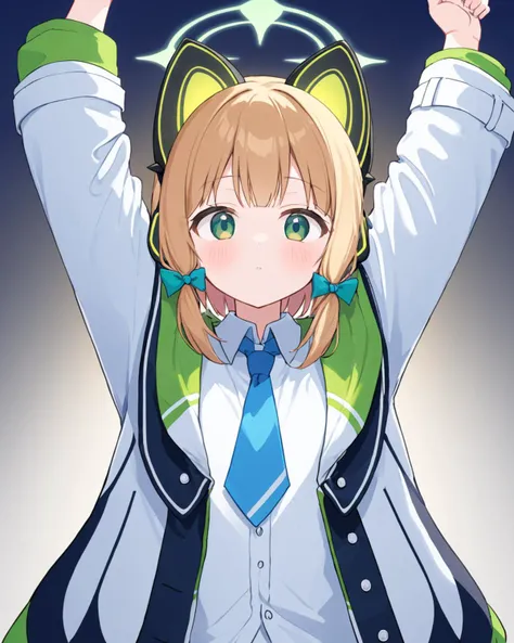 midori (blue archive),1girl, solo, cat_ear_headphones, jacket, arms_up, halo, looking_at_viewer, hair_bow, white_shirt, blue_necktie, long_sleeves, school_uniform, blush
<lora:sister_(blue_archive)_image1053_2023-11-18_spv:1>. gorgeous,key visual, vibrant,...