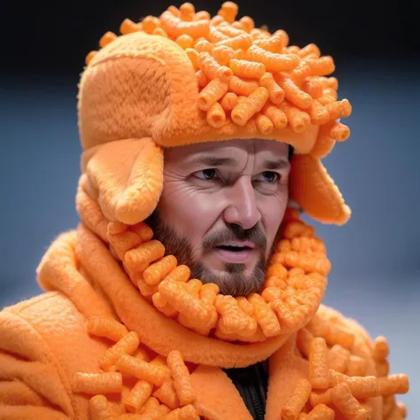 arafed man wearing a orange hat and scarf with a large orange lion on it