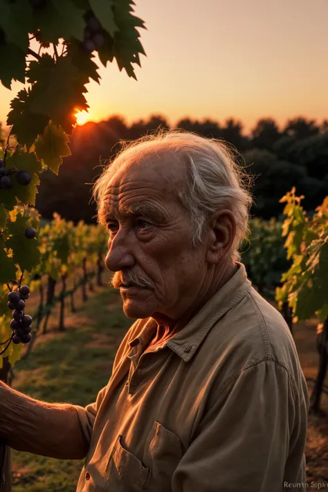 gritty analog photograph of, an elderly french man, in a vineyard, sunset, bokeh, sharp focus,