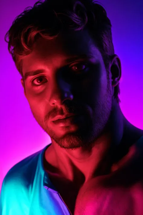 photograph of, a 30yo male, bisexual lighting, (close-up:0.4), high contrast,