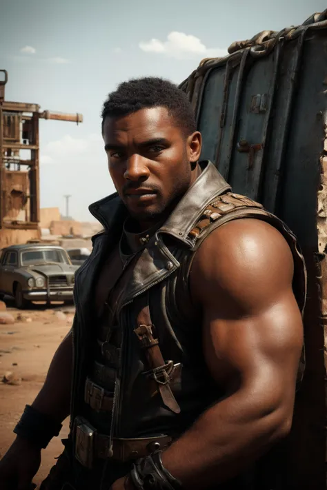 Cute black guy,dieselpunk,post apocalypse,mad max,, Handsome muscular man, Extreme Details, 35mm Film Grain filter, HDR Photo