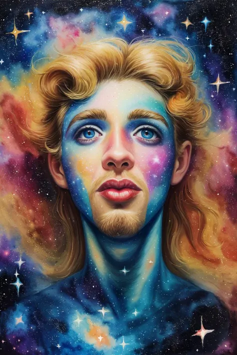 dadaist painting of a 35yo male, galaxies reflected in eyes, mouth open, distant gaze, floating in a sea of stars, stardust, strawberry blonde, line weight, (sharp focus, dreamy, surrealist, vivid colours, brush strokes), [watercolour],