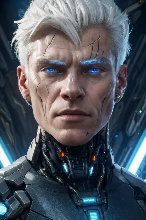 still from a sci-fi movie of, a muscular male cyborg, (sharp focus, cinematic, futuristic), close-up on face, cracked skin, exposed circuitry, white hair,