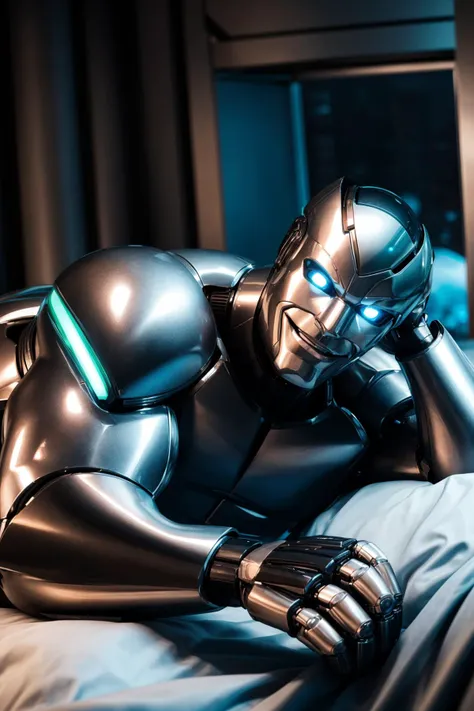 candid photograph of, a (muscular beefy) male android, sleek gleaming chrome exterior, cinematic light, robot, laying on bed, luxurious hotel room, gentle smile, inviting, romantic,